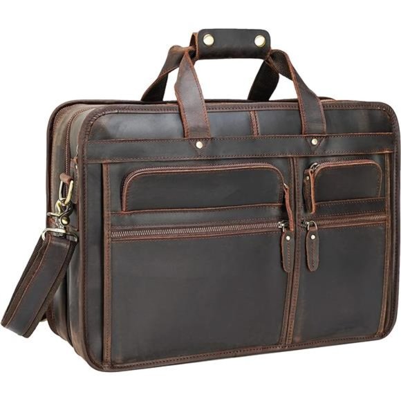 17'' Full Grain Leather Briefcase Laptop Attache Case Messenger Bag For Men